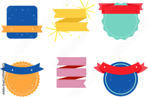 カラフルなバッジとリボン装飾のフラットデザインセット｜アワード・キャンペーン告知・セール見出しに使える円形エンブレム＆タイトル帯イラスト素材集
