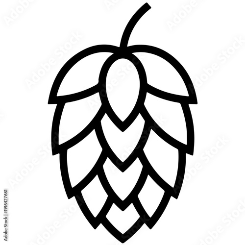 A black line drawing of a hop cone on a white background