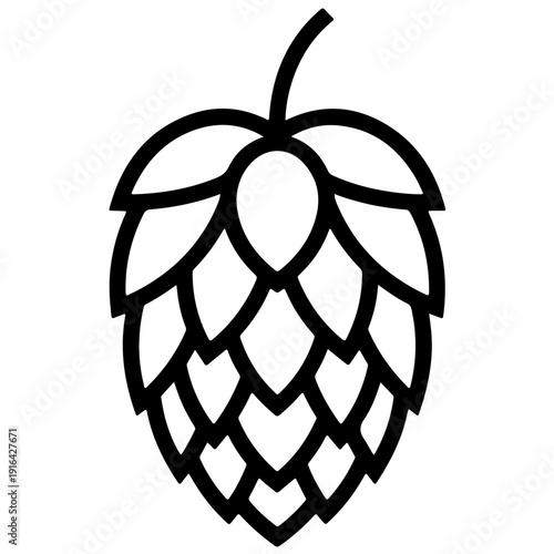 A black line drawing of a hop cone on a white background