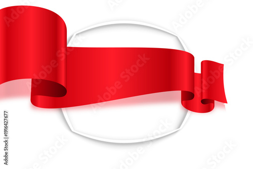 円形エンブレムフレームに重なる立体赤リボンバナー｜光沢グラデーションの高級感ラベル装飾ベクター背景素材

