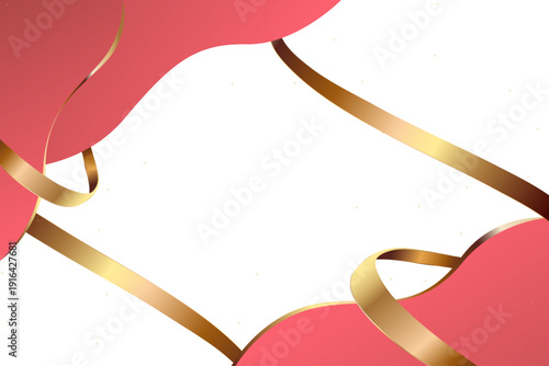 赤い曲線フレームとゴールドリボンが交差するエレガント背景デザイン｜高級感あふれる余白付きお祝いバナーベクター素材
