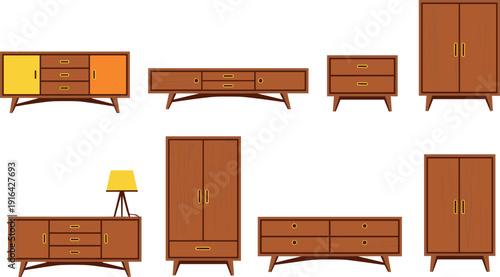 Vector illustration of twelve mid-century modern furniture pieces, wooden cabinets, dressers, wardrobes, minimalist interior design elements, stylish retro home decor.
