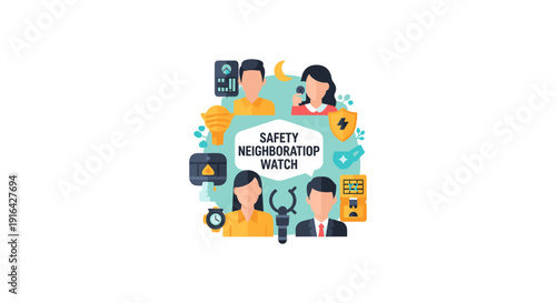 Illustration of a safety neighborhood watch team with members using headsets and alert systems, promoting community safety and vigilance.