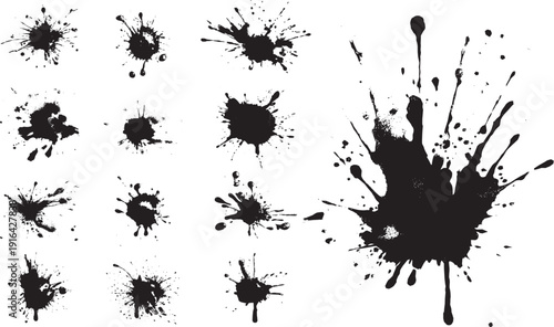 A set of chaotic spray paint splatters and droplets vector illustration.