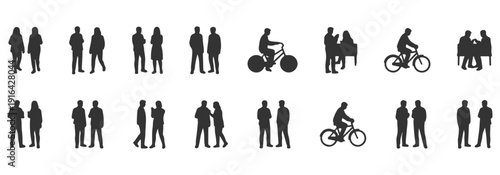 Isometric Silhouette Vector of People Sitting on Benches, Reading Books, and Walking, Minimalist Outline Characters for Architectural Visualization, Urban Planning CAD Blocks, and UX Wireframes
