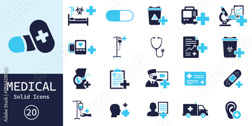 A close up view of a dark blue background featuring the word medico and a circular design with the number 20