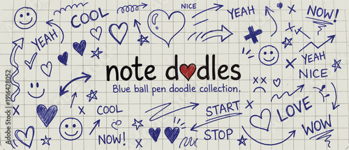 Large collection of blue ballpoint pen hand drawn doodles including hearts, stars, arrows, and smileys.