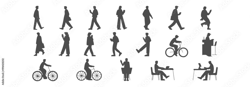 Fototapeta premium Set of Modern People Line Art Silhouettes for Architectural Visualization; Minimalist Vector Collection of Walking, Cycling, and Working Figures using Phones and Laptops for CAD Drawing