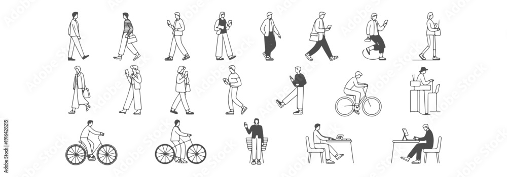 Obraz premium Set of Modern People Line Art Silhouettes for Architectural Visualization; Minimalist Vector Collection of Walking, Cycling, and Working Figures using Phones and Laptops for CAD Drawings