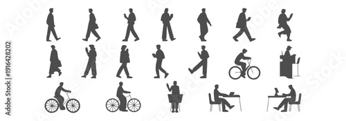 Set of Modern People Line Art Silhouettes for Architectural Visualization; Minimalist Vector Collection of Walking, Cycling, and Working Figures using Phones and Laptops for CAD Drawing