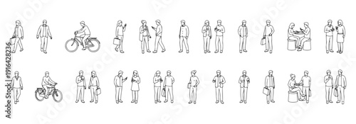 Vector Line Art Set of People Characters Walking, Cycling, Sitting on Benches, and Using Smartphones, Minimalist Outline People Illustration for Architectural Scale and UI UX Wireframes