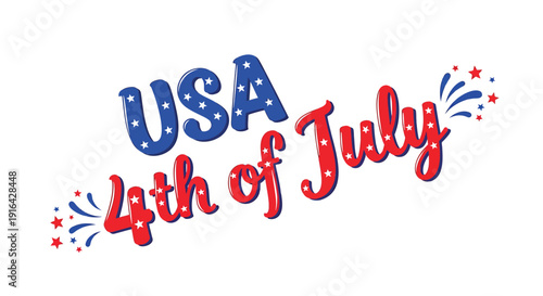 Vector illustration of USA 4th of July celebration text with fireworks, isolated on transparent background