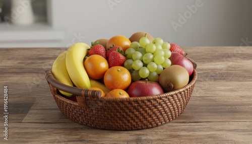 Wallpaper Mural Assorted Fresh Fruits in a Woven Basket on a Wooden Table. Torontodigital.ca