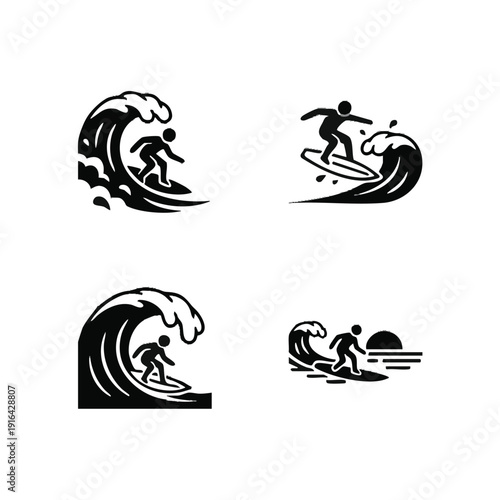 Surfing and ocean wave icon set, water sport activity concept, bold silhouette style