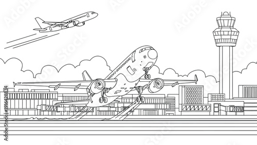 Line drawing of an airport with a plane taking off, another in the sky, modern terminal buildings, and a control tower, conveying a sense of travel.
