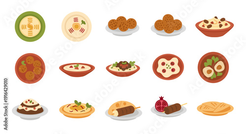 Vibrant assortment of small food icons depicting diverse dishes and snacks.