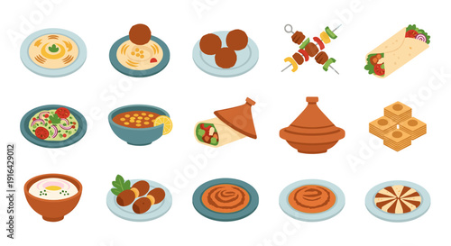 Assorted dishes from various cuisines displayed in bowls and plates in a colorful food collage.