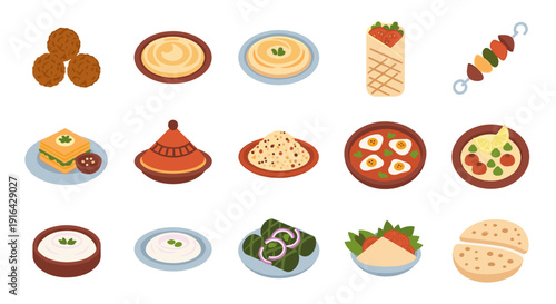 Assortment of colorful food icons and dishes arranged in a playful collage of bites and pastries.