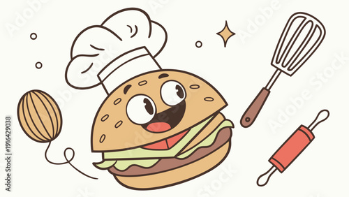 A smiling hamburger with a chef's hat in the center, surrounded by cartoon-style kitchen utensils.