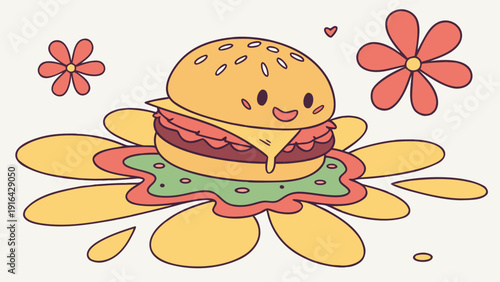 A floral-style mandala where each petal is a mini cartoon hamburger.