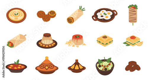 Colorful illustrated assortment of foods including pastries, bowls, plates, and desserts.