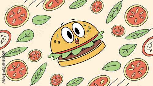 Cartoon hamburger with large eyes in the center, surrounded by lettuce and tomato rings forming a repetitive pattern.
