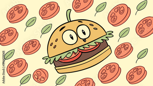 Cartoon hamburger with large eyes in the center, surrounded by lettuce and tomato rings forming a repetitive pattern.