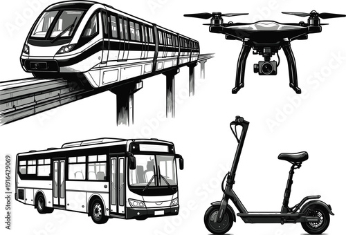 Black and white vector illustrations of futuristic public transport, drone technology, bus, and electric scooter.