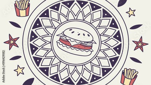 Circular mandala with a smiling hamburger in the center, surrounded by mini french fries and stars.