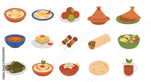 Collection of assorted plates and bowls with breads, dips, and fresh produce.