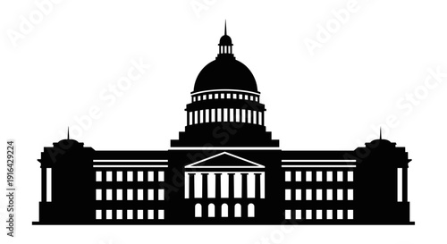 Silhouette of a grand domed government building with neoclassical architecture and wings.