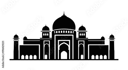 Iconic domed architectural complex silhouette of a grand marble mausoleum with arches and gateway rhythm.
