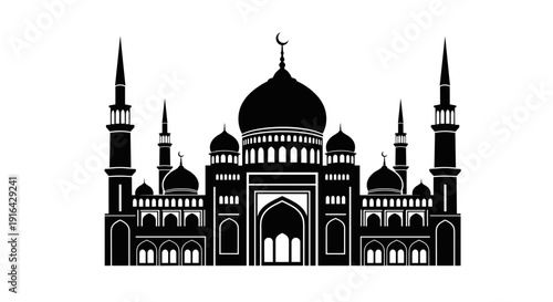 Iconic Taj Mahal silhouette displaying grand mausoleum with minarets and dome in a monumental architectural setting.