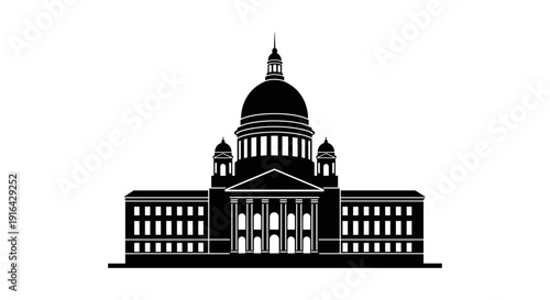 Silhouette of a Grand Capitol Building with Dome and Steps, Architectural Landmark.