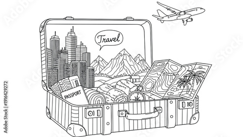 An open suitcase reveals a cityscape, mountains, and a map inside. A passport is visible. An airplane flies above, and the speech bubble says "Travel."