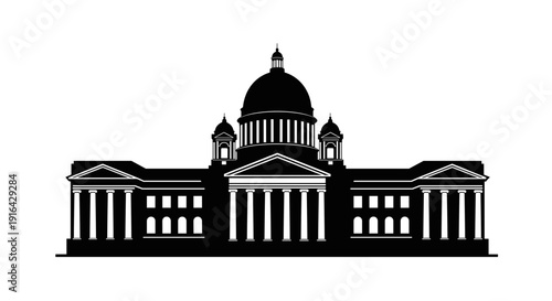 Dark silhouette of a grand neoclassical capitol building with a domed roof and columned facade.