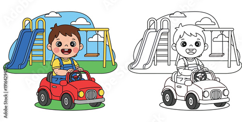 Cute boy driving a red toy car in the playground. Coloring book page for kids with colored example and outline. Vector illustration of child playing with slide and swing background.