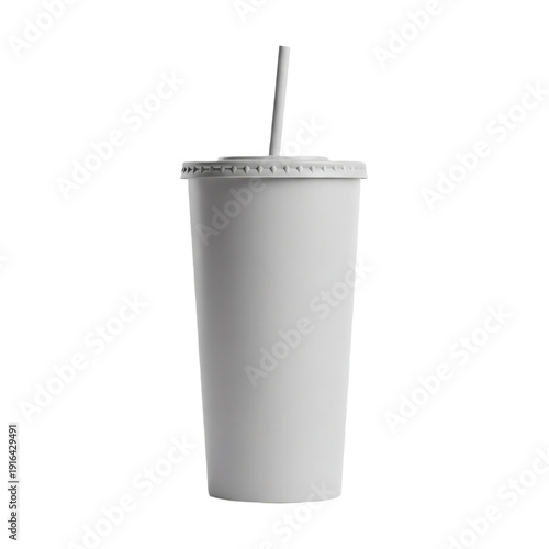 A plain white disposable cup with a lid and straw, isolated on a white background.