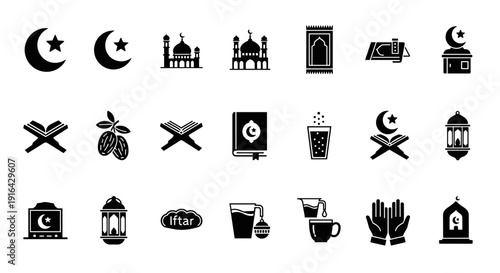 Set of night and architectural icons featuring mosques, temples and doors.