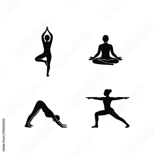 Yoga pose silhouette set, meditation and fitness practice concept, calm studio mood
