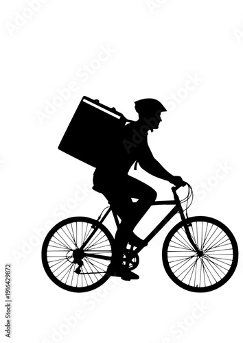 Food delivery cyclist with thermal backpack gig economy courier silhouette vector