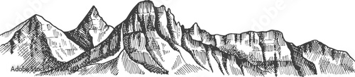 High mountain peaks sketch. Rock scenery drawing