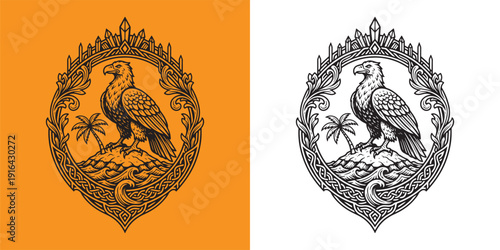 Majestic Eagle on Tropical Island with Waves and Palm Tree