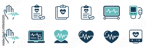 Heartbeat cardiogram monitoring icon vector set, cardiology heart pulse, health care signs illustration