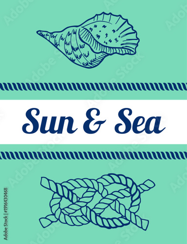 Sun and sea banner with seashell and sailor knot