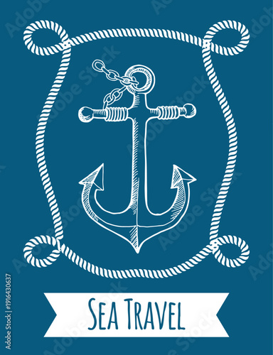 Marine travel banner with anchor and sea cord border