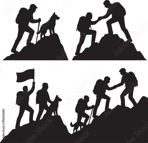 Collection of mountain climbing silhouettes showing hikers and dogs reaching summits, teamwork and adventure concept