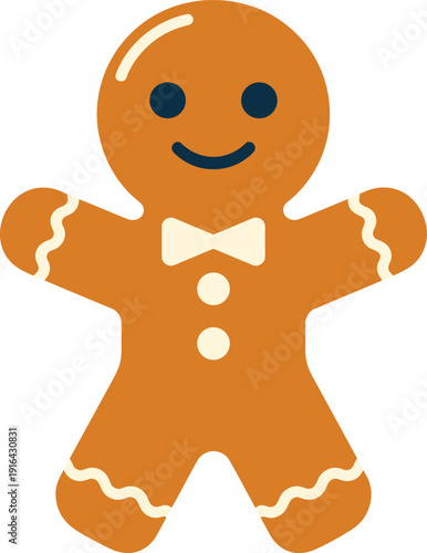 Cute gingerbread man cookie illustration with white icing details and bowtie isolated on white background for Christmas holiday bakery and seasonal winter celebration concepts