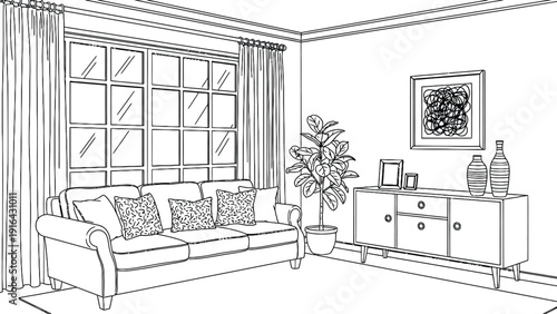Cozy living room sketch features a sofa with patterned cushions, a large window with curtains, a potted plant, and a sideboard with decor and art.