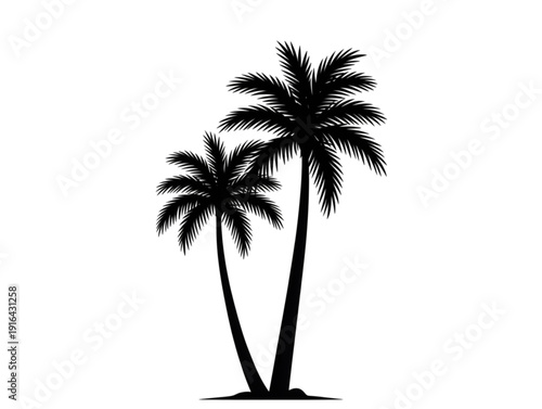 Black silhouette vector illustration of two tropical palm trees, representing island vacation, summer, and beach paradise